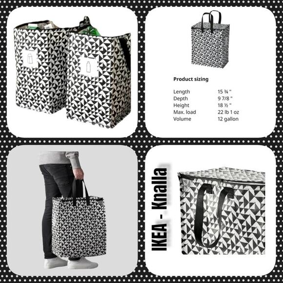 IKEA - KNALLA Two (2) Reusable Tote Bags Black & White Geometric Storage Recycle - Picture 3 of 11